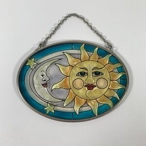 Vintage Small Celestial Sun Catcher Stained Glass Blue and Gold Moon Stars Sun